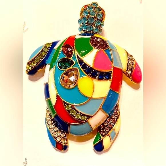 🐢 PATCHWORK SEA TURTLE BROOCH Multicolor Stones Acrylic Art to Wear Stunning - Picture 3 of 5